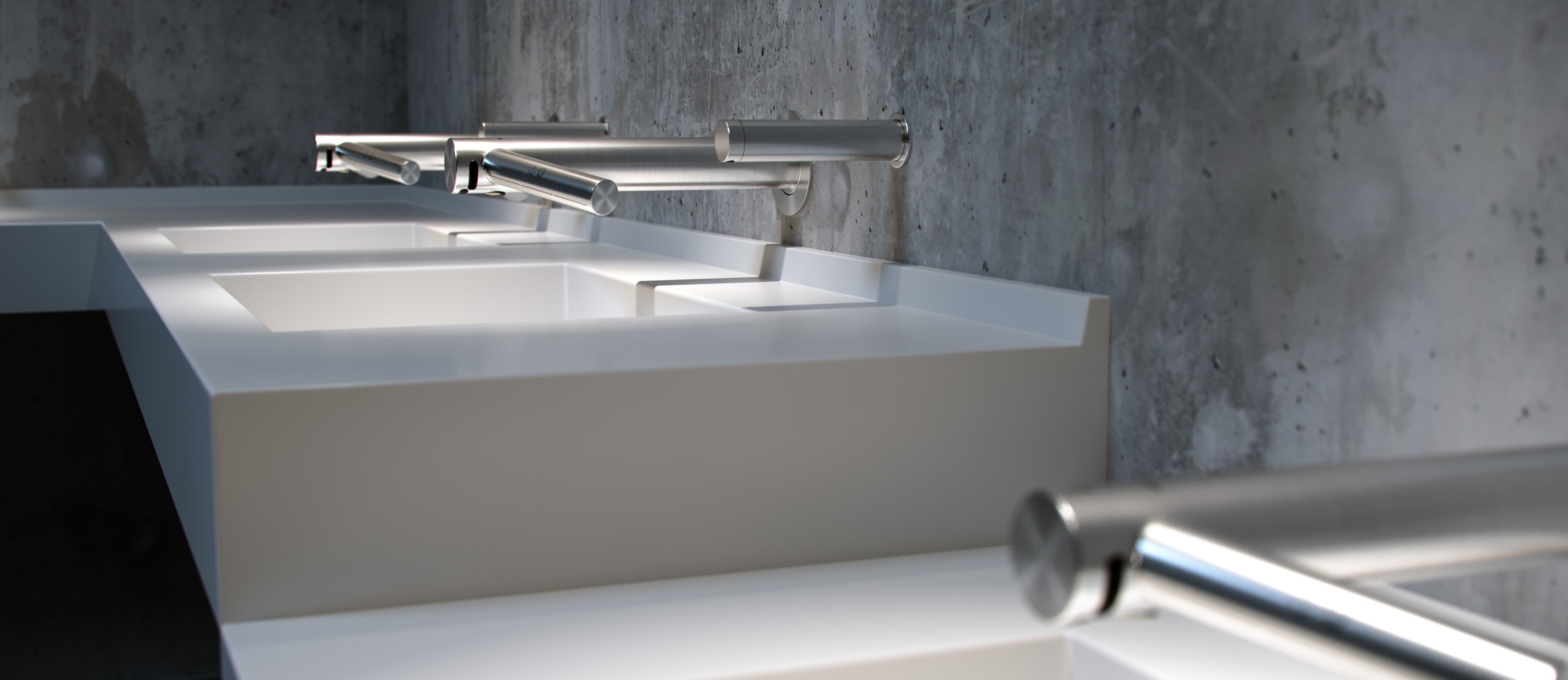 An image of a Washbasin with 3 Dyson Airblade Hand Dryer Model WD04 